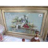 A framed oil painting of a still life scene