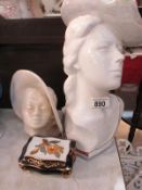 2 china busts and a jewellery box