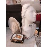 2 china busts and a jewellery box