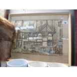A framed and glazed picture of a Tudor style house and scene