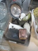 A small box of miscellaneous items including crested china etc