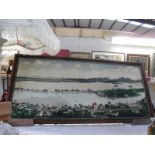 An interesting framed fabric tapestry picture of a mountain lake scene