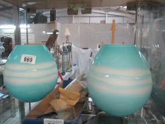 2 art glass blue and white vases