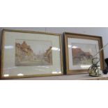 Two framed and glazed watercolouirs a street scene and a farm scene