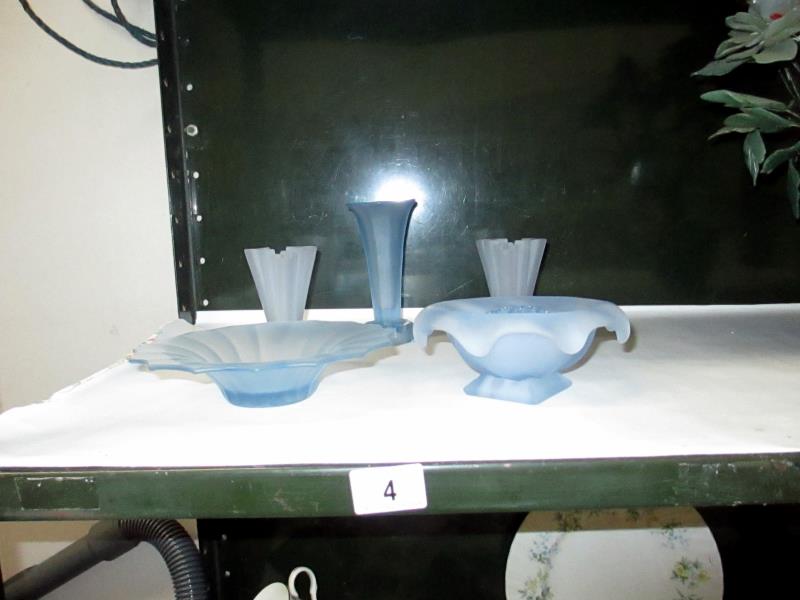 3 blue art deco glass vases and 2 posy bowls