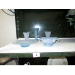 3 blue art deco glass vases and 2 posy bowls