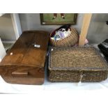 A good oak sewing box and contents, 2 sewing baskets and contents etc.