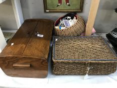 A good oak sewing box and contents, 2 sewing baskets and contents etc.