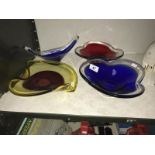 4 heavy coloured art glass bowls