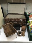 A wicker picnic hamper and other cane and wooden items