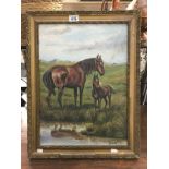 A Tom Bundell oil on board painting of mare/foal in a water meadow