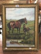 A Tom Bundell oil on board painting of mare/foal in a water meadow