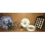 A mixed lot including Wedgwood Beatrix Potter, blue and white plate, etched glasses etc.