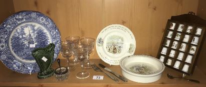 A mixed lot including Wedgwood Beatrix Potter, blue and white plate, etched glasses etc.