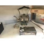 A silver plate kettle with burner and silver plate cigarette case