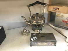 A silver plate kettle with burner and silver plate cigarette case