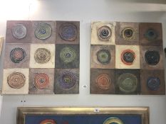 A pair of contemporary school abstract circles with relief oil on canvas