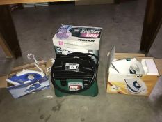 A Ronseal power sprayer in box and 2 new electric irons