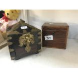 A brass bound casket and a small mahogany tea caddy