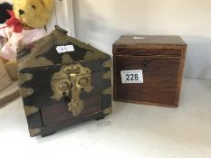 A brass bound casket and a small mahogany tea caddy