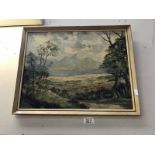 A framed oil on board landscape painting of a mountain scene,