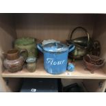 A quantity of items including brass coal scuttle, stoneware jugs, enamel flour tin and scoop etc.