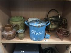 A quantity of items including brass coal scuttle, stoneware jugs, enamel flour tin and scoop etc.