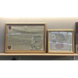 A framed and glazed Owain Glyn Dwr history and heraldy print and Flintshire and Montgomery map