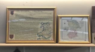 A framed and glazed Owain Glyn Dwr history and heraldy print and Flintshire and Montgomery map