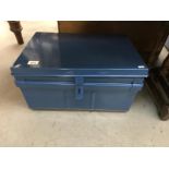 A blue painted tin box/trunk