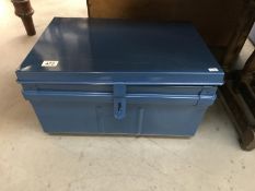 A blue painted tin box/trunk