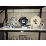 A collection of china including a pair of German figures, plates,