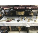 A quantity of brass ware including kettle, candlesticks etc.