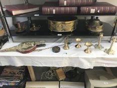 A quantity of brass ware including kettle, candlesticks etc.