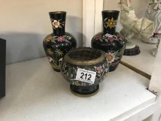 A pair of cloisonne vases and a cloisonne rose bowl