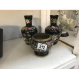 A pair of cloisonne vases and a cloisonne rose bowl