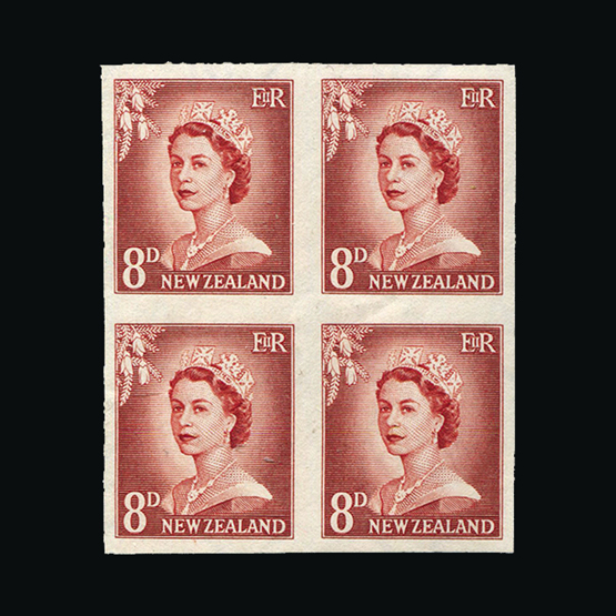 Bradbury Wilkinson Collection : NEW ZEALAND: 1955-59 imperf plate proof BLOCKS OF FOUR written up on