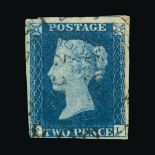 Great Britain - Officials : (SG 5h) 1840 2d blue, plate 2, FL, 4 tiny to huge margins, light town