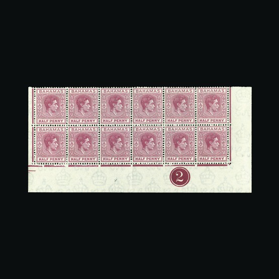 Bahamas : (SG 149eb) 1952 ½d brown purple, lower two rows of the sheet, one lower stamp showing