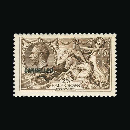 Bradbury Wilkinson Collection : GREAT BRITAIN: 1918-19 Seahorses 2s.6d with 'CANCELLED' type 33