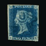 Great Britain - QV (line engraved) : (SG 5) 1840 2d blue, plate 2, KK, 4 margins (very close at