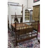 Early 20th C mahogany framed Tester Bed frame, with egg shaped brass inserts and brass columns to