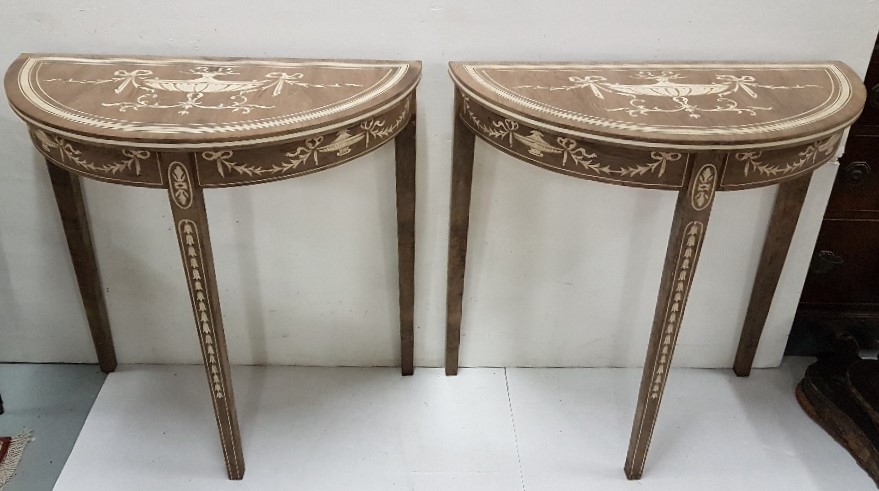 Matching Pair of Sheraton Design Bow-Fronted Side Tables, featuring classic urns and swags, on 3 - Image 2 of 2