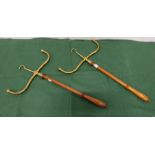 Matching Pair of Wig Holders - brass tops over turned mahogany handles. Each 22”h