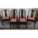 Set of 6 Chinese hardwood Dining Chairs (with loose cushions), the splat backs inset with dragons (