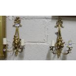 Pair Gilt Metal Wall Lights with ribbon shaped tops and cherub mounts, floral decor, each with 2