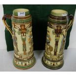 Matching Pair of Tall German Painted and Glazed Pottery Tankards “Pipino” & “Carolus Magnus”, each