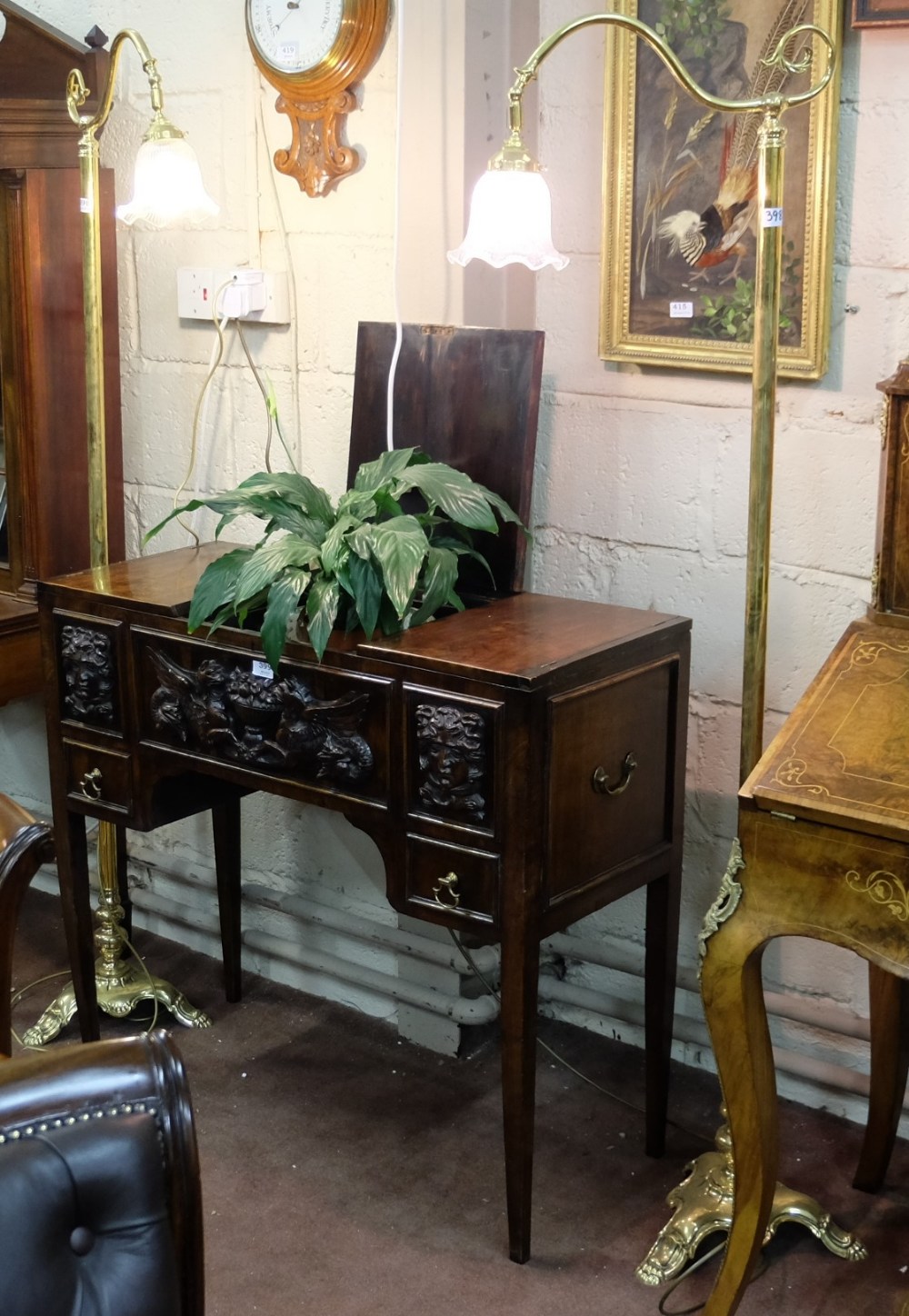 Matching Pair of early 20thC Brass Standard Lamps (electric), polished and re-wired, with glass