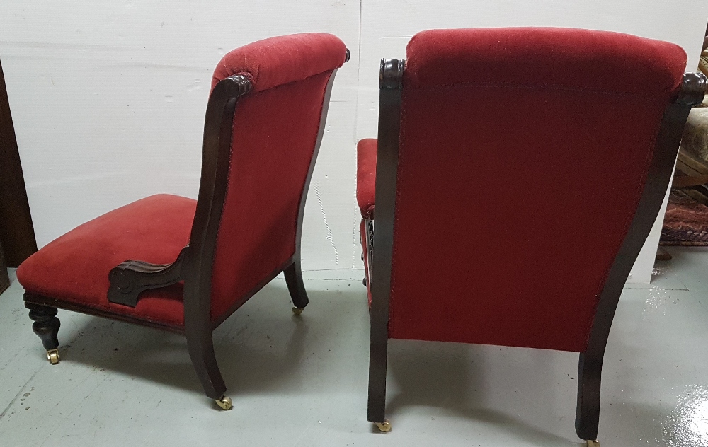 Pair of Ladys & Gents Victorian Mahogany framed Armchairs, red velvet fabric, turned legs - Image 2 of 2