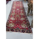 Long Persian Tabriz Floor Runner, red ground, with a unique all-over design and a deep blue